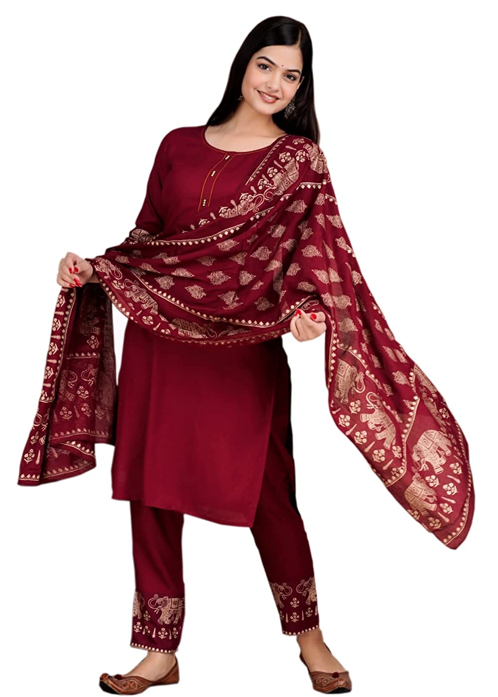 Women Printed Rayon Kurta and Pants Set with Dupatta