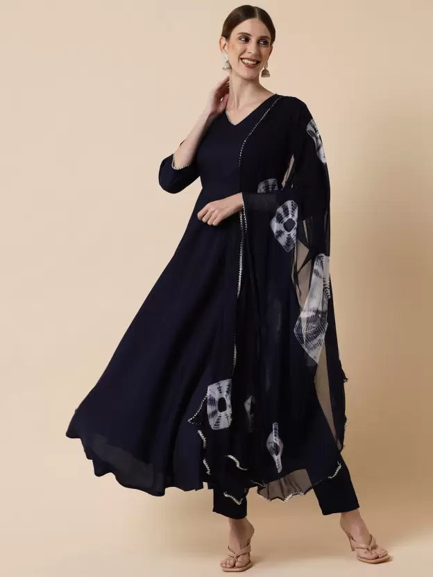Women Blue Long Sleeve Viscose Rayon Anarkali Kurta set