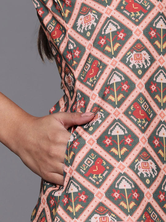 Women Green & Red Ethnic Motifs Print Kurti with Sharara & Dupatta