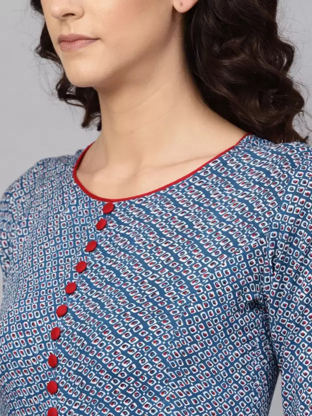 Women Printed Viscose Rayon Front-slit Kurta (Blue)