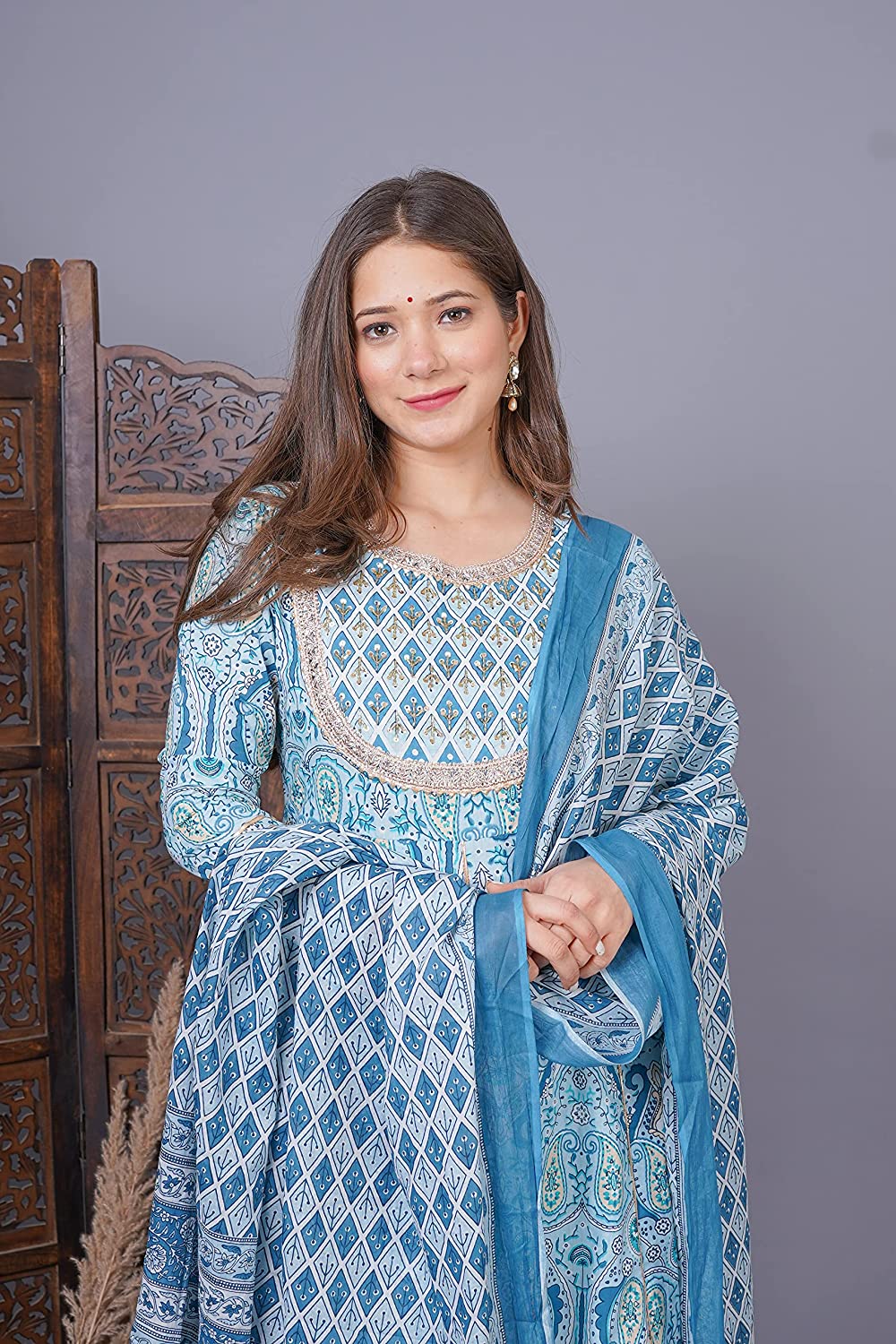 Women's Cotton Printed Anarkali Kurta with Palazzo & Dupatta Set