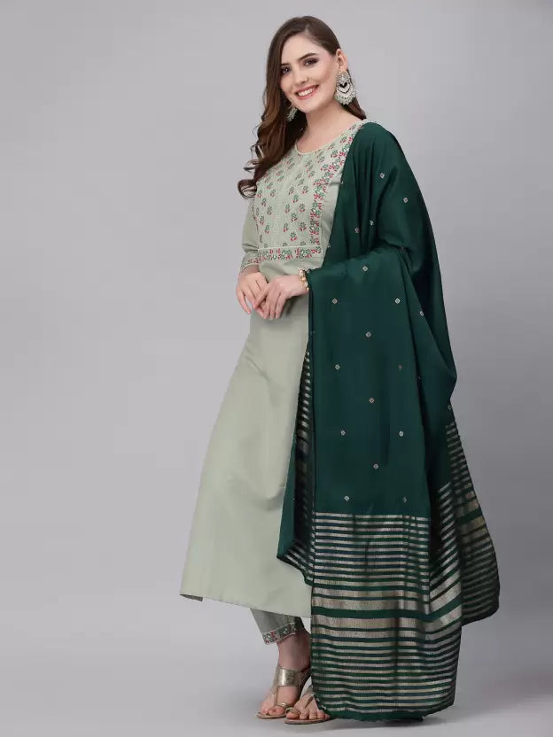 Light Green Cotton Blend Kurta set with Dark Green Dupatta