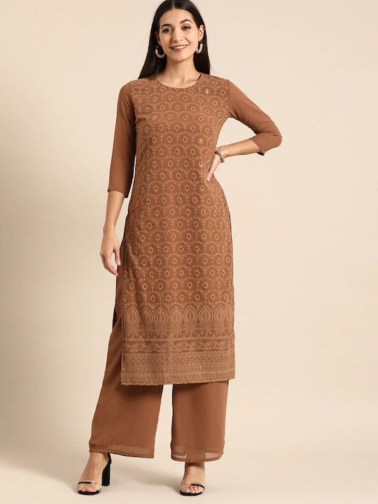 Women Brown Ethnic Motifs Embroidered Chikankari Kurta with Palazzos