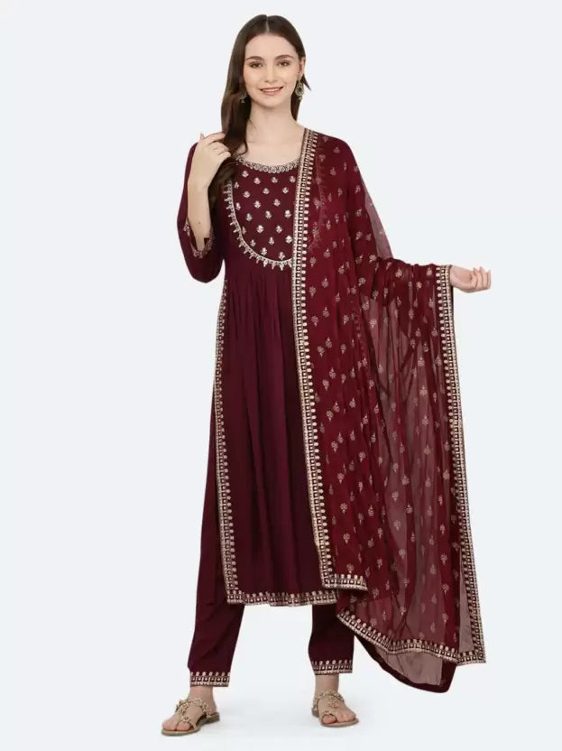 Women Viscose Rayon Maroon Kurta and Pant Set