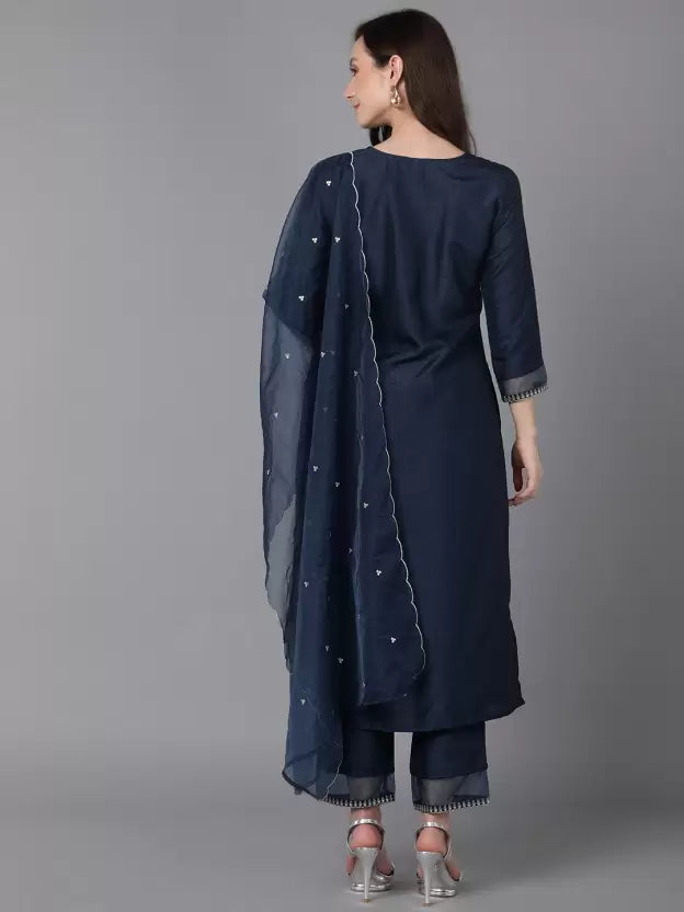 Women Silk Blend Blue Kurta, Pant And Dupatta Set