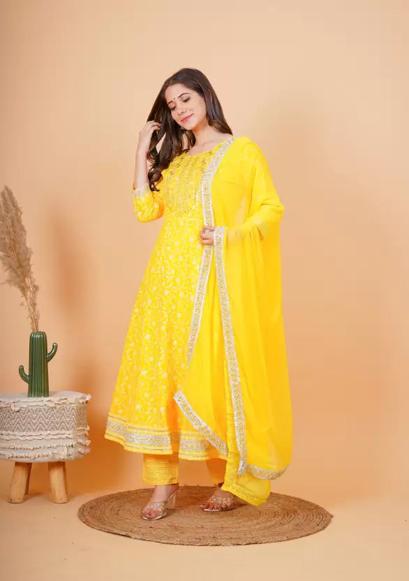 Women Yellow Embroidered Kurta set and dupatta