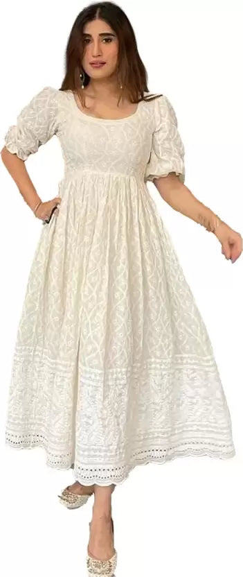 Women Embroidered Pure Cotton Gown Kurta (White)