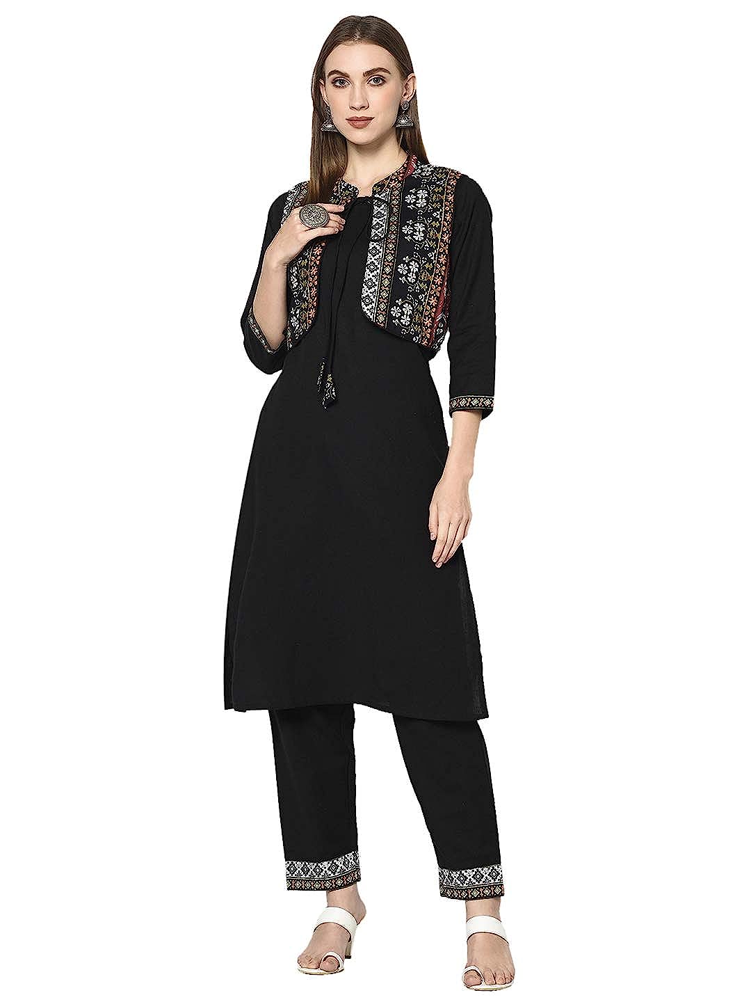 Women's Black Rayon Jacket Kurta with Palazzo Pant Set