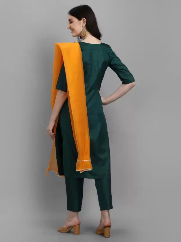 Women Art Silk Green Kurta Pant And Dupatta Set