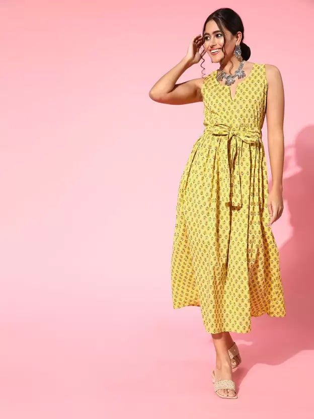Women Cotton Ethnic Dress Yellow Dress