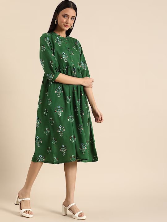 Floral Empire Flared Dress With Gathers Detail