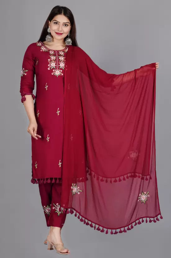 Women Maroon Embroidered Kurta set with Dupatta