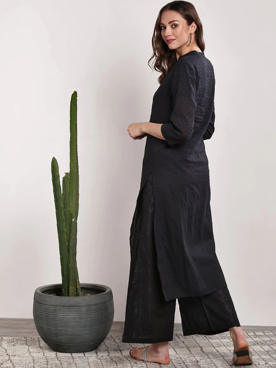 Women Black Self Design Kurta with Palazzos