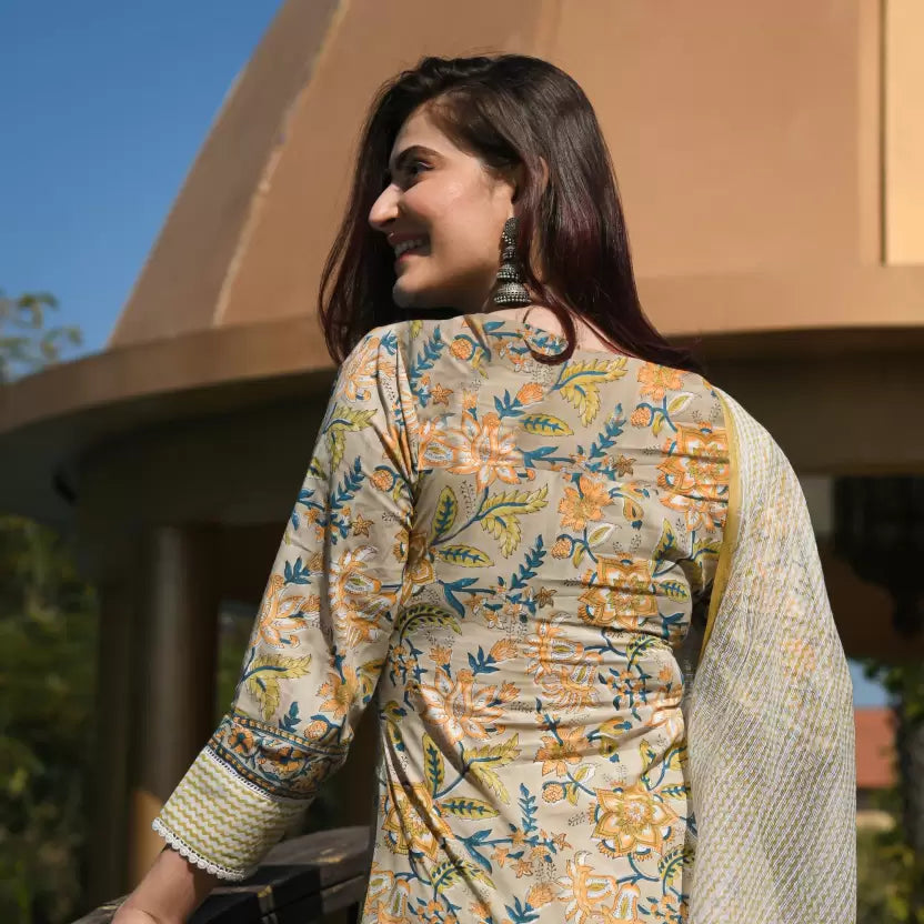Women Light Cream Floral Kurta set with Dupatta