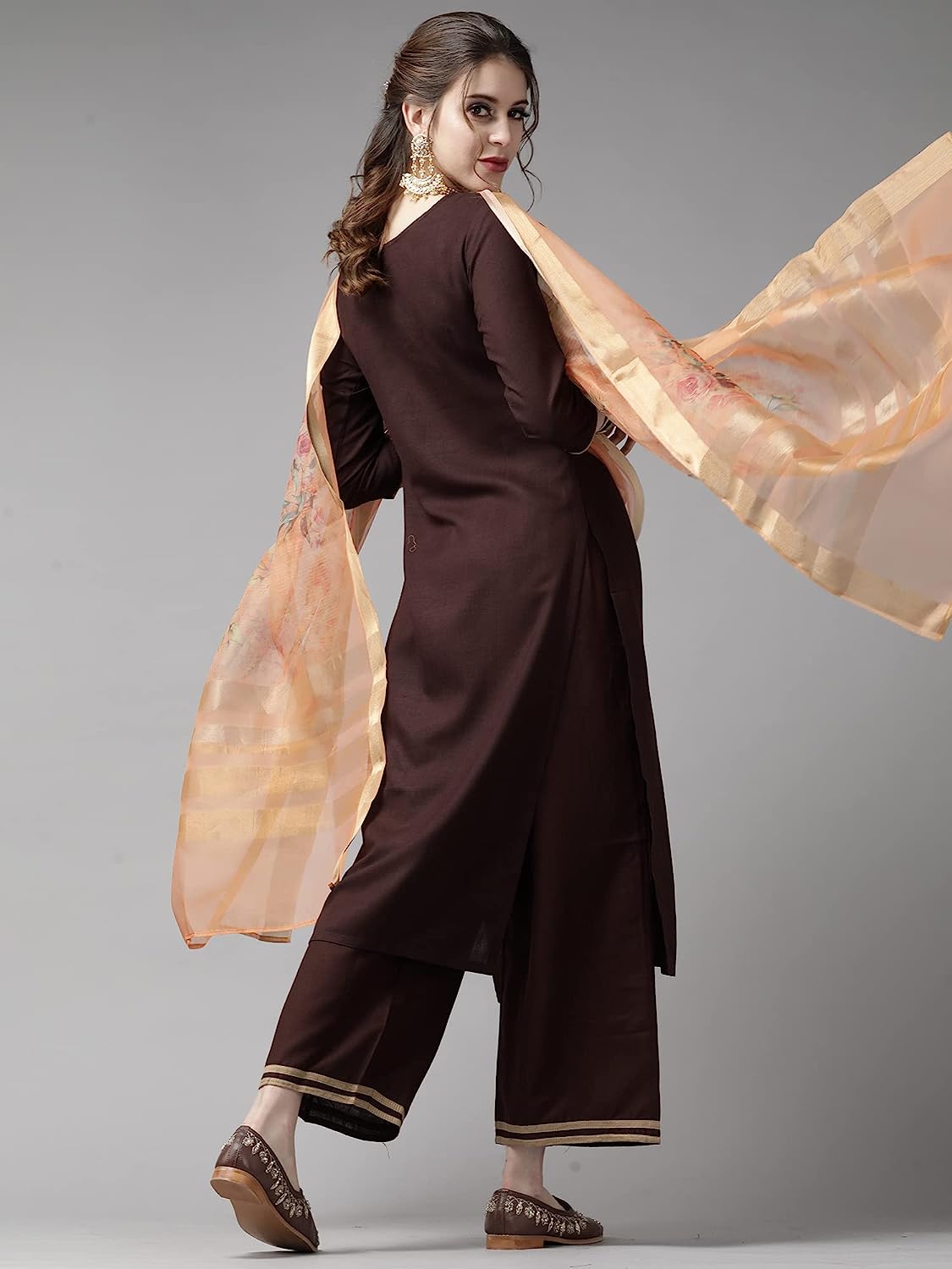 Women's Pure Cotton Brown Straight Solid Kurta Palazzo With Dupatta Set
