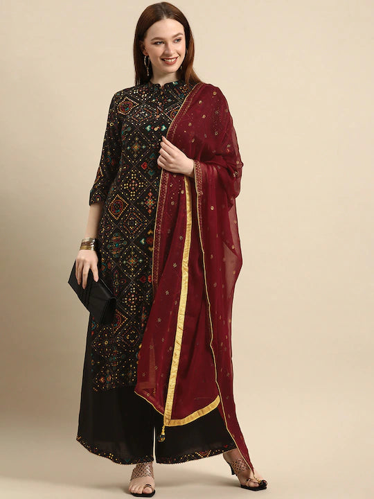 Women Black Ethnic Motifs Printed Kurta with Palazzos & With Dupatta
