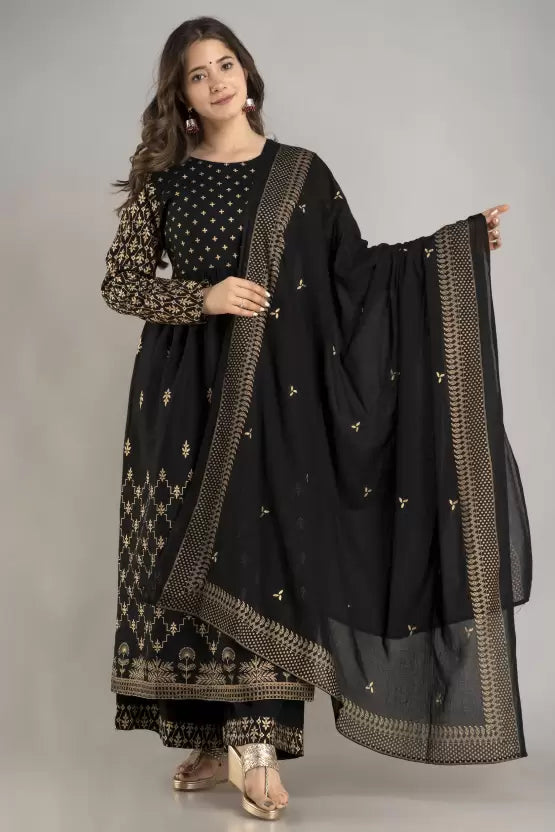Women Black Gold Kurta and Palazzo Set Viscose Rayon