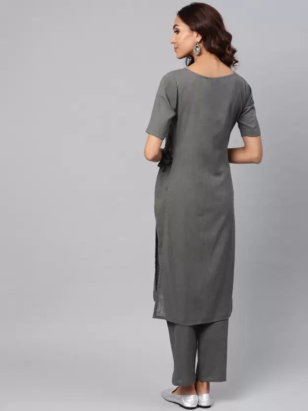Women Grey Cotton Blend Tie-side Kurta set