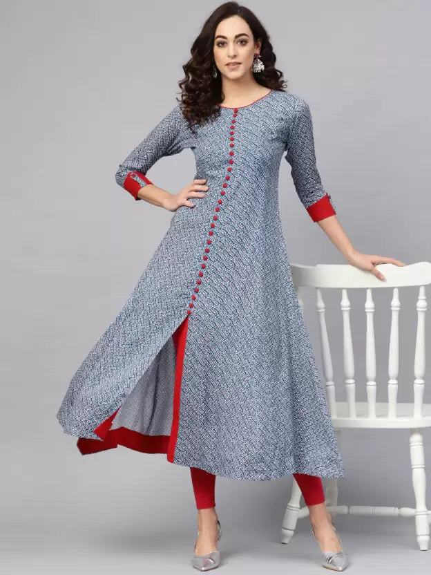 Women Printed Viscose Rayon Front-slit Kurta (Blue)