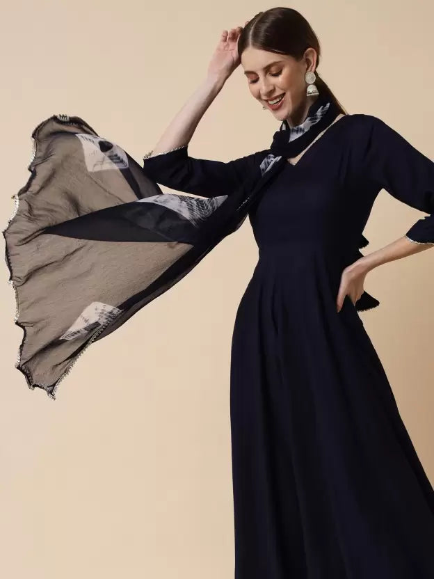 Women Blue Long Sleeve Viscose Rayon Anarkali Kurta set