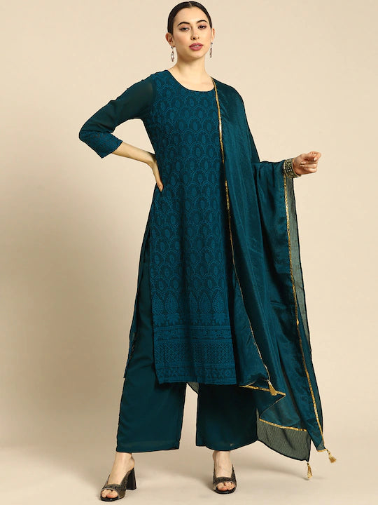 Women Teal Ethnic Motifs Embroidered Regular Kurta with Palazzos & With Dupatta