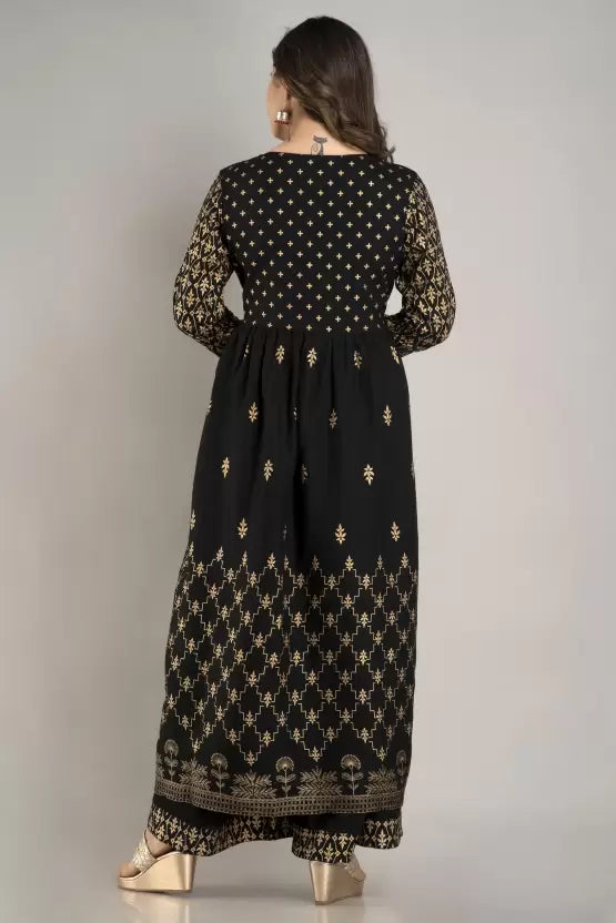 Women Black Gold Kurta and Palazzo Set Viscose Rayon