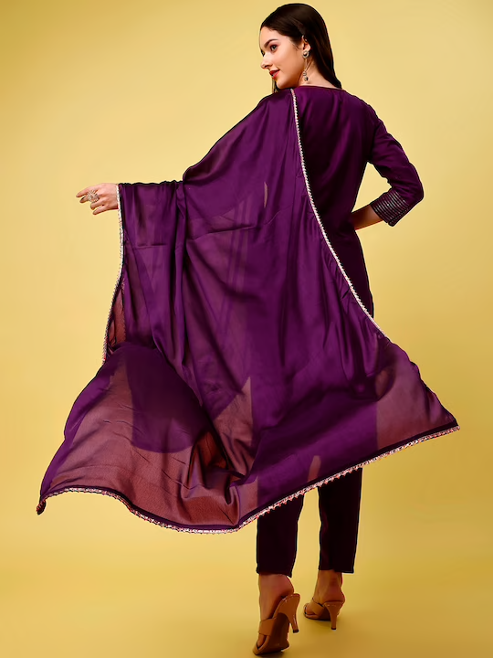 Women Purple Embroidered Regular Sequinned Kurta with Trousers & With Dupatta