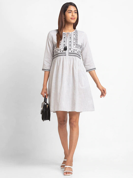 Grey Cotton Ethnic Motifs Dress