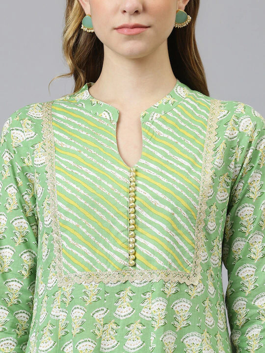 Women Green Ethnic Motifs Printed Kurta with Palazzos & With Dupatta