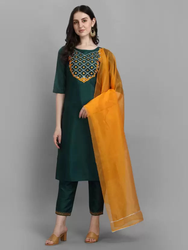 Women Art Silk Green Kurta Pant And Dupatta Set