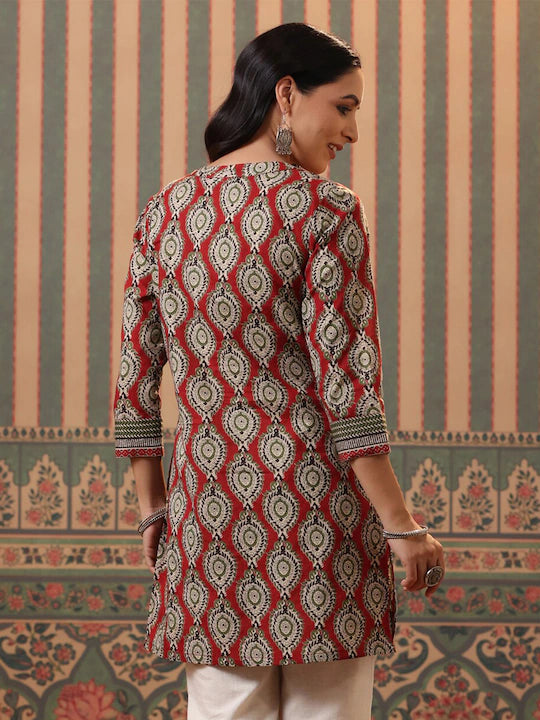 Red & Beige Ethnic Motifs Printed Pure Cotton Kurti
