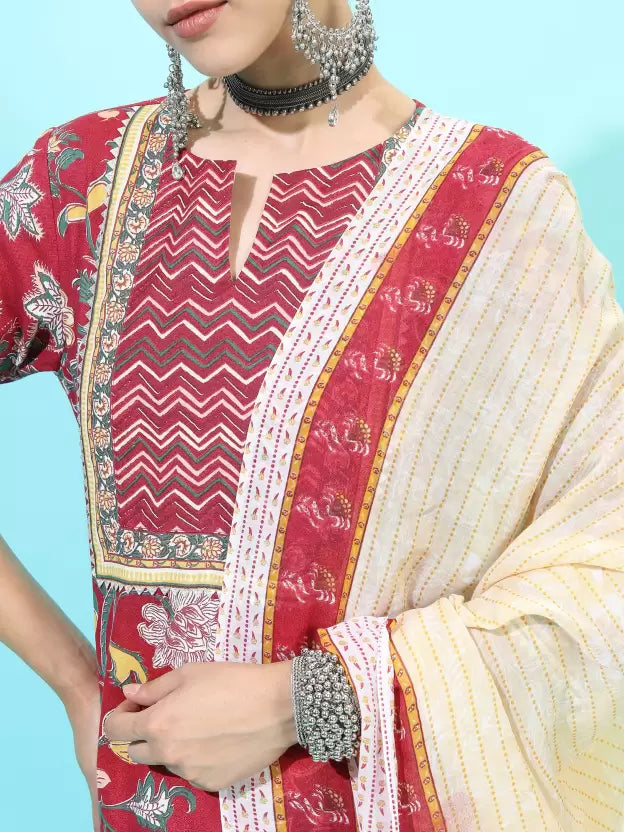 Women Red Floral Cotton Blend Kurta set