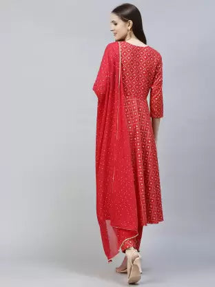 Women Red Cotton Blend Kurta, Pant And Dupatta Set