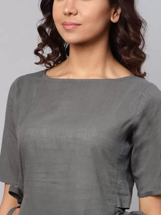 Women Grey Cotton Blend Tie-side Kurta set