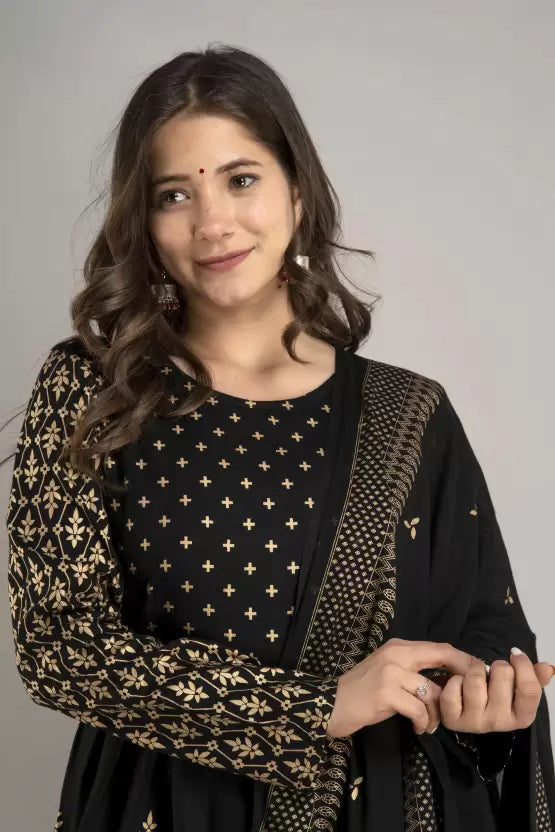 Women Black Gold Kurta and Palazzo Set Viscose Rayon