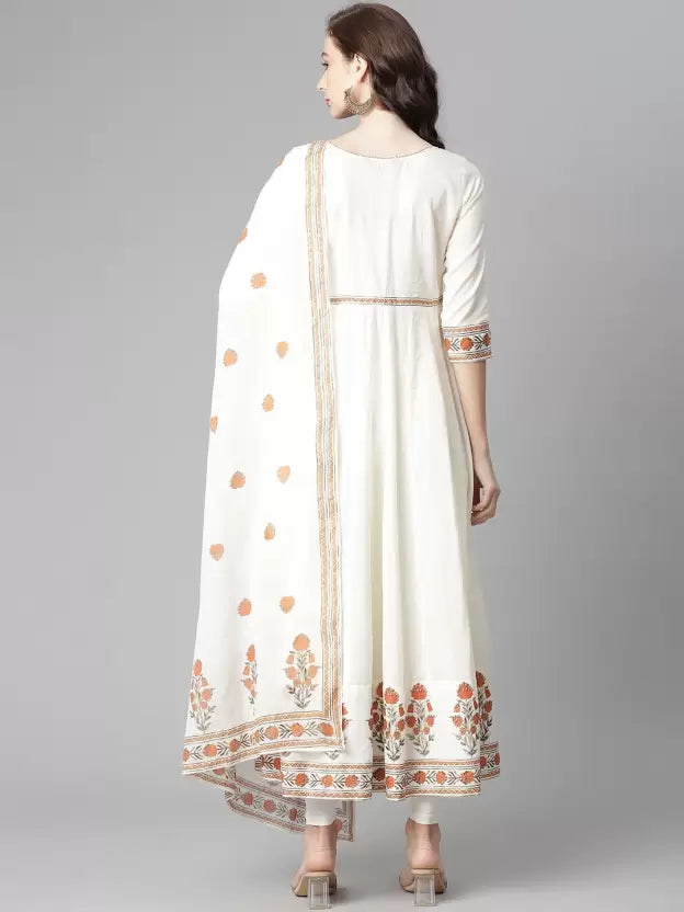 Women White Anarkali Kurta set with Dupatta