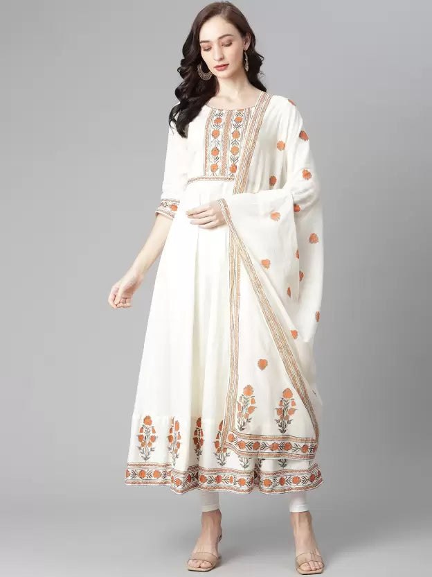 Women White Anarkali Kurta set with Dupatta
