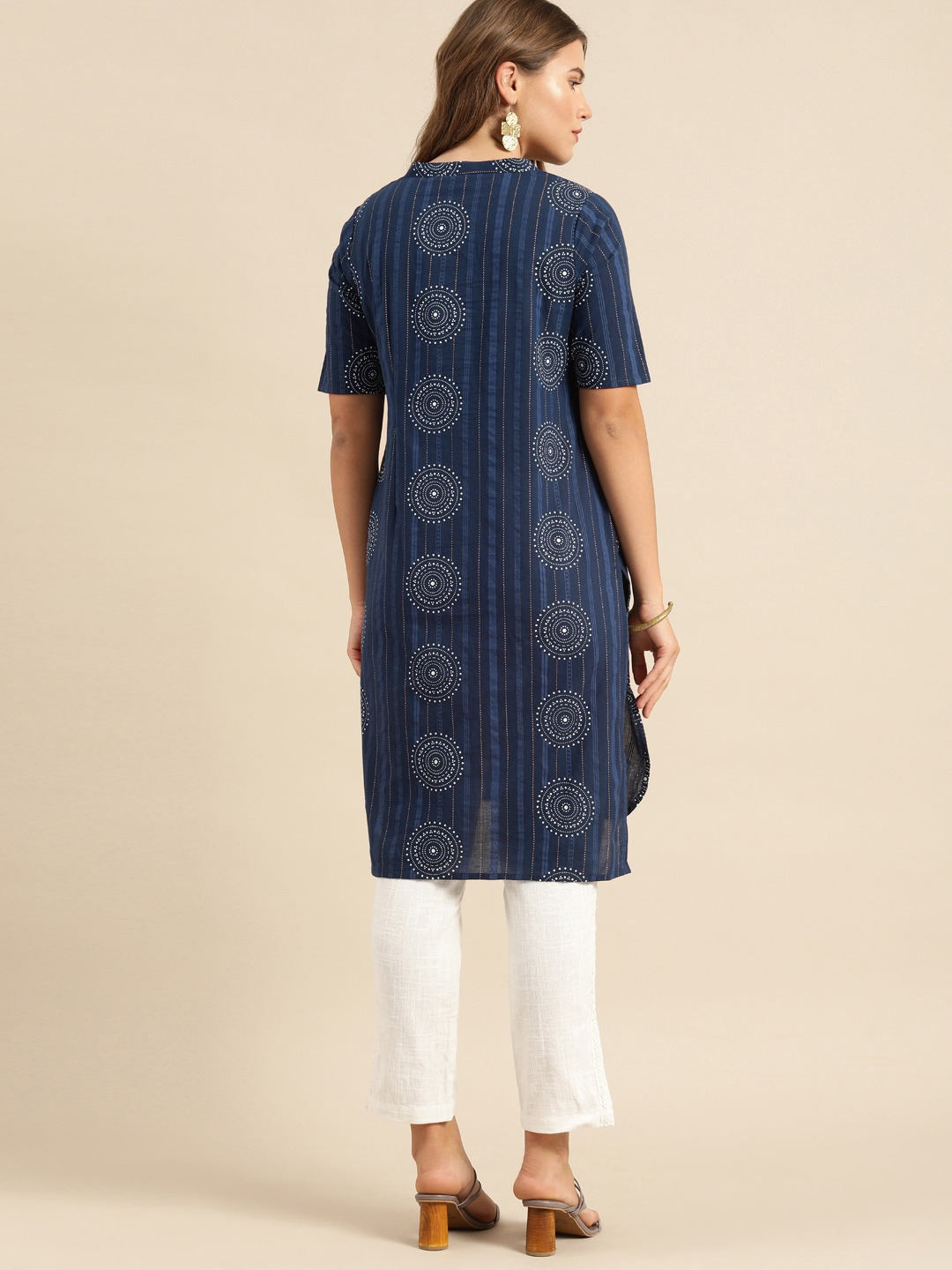 Women Navy Blue Cotton Ethnic Printed Kurta