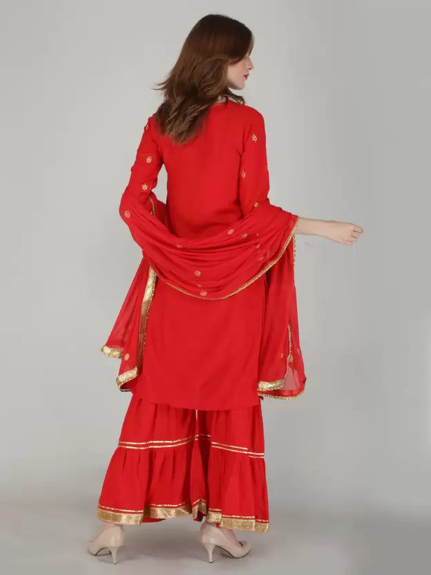 Women Rayon Embroidered Kurta, Sharara & Dupatta Set