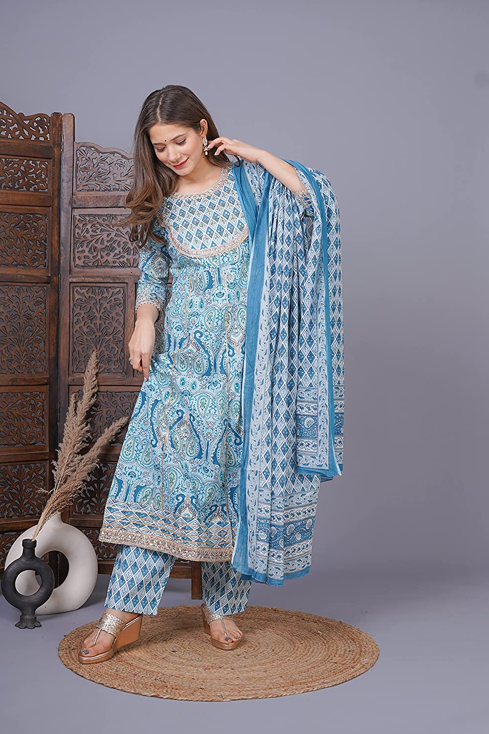 Women's Cotton Printed Anarkali Kurta with Palazzo & Dupatta Set