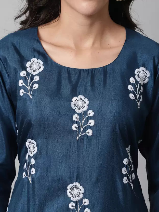 Women Embroidered Cotton Silk Kurta, Pant And Dupatta Set