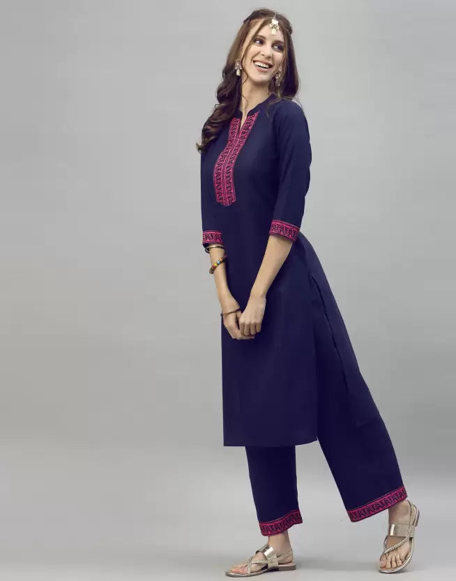 Women Blue Cotton Blend Kurta and Palazzo Set with Floral Dupatta