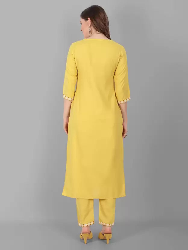 Women Yellow Kurta and Pant Set Cotton Blend