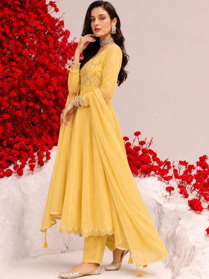 Women Butter Yellow Embroidered Anarkali Kurta And Pant Set With Dupatta