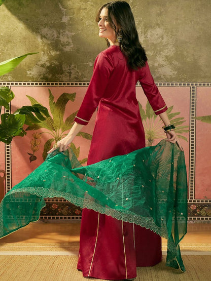 Embroidered A-Line Kurta With Palazzo & Dupatta