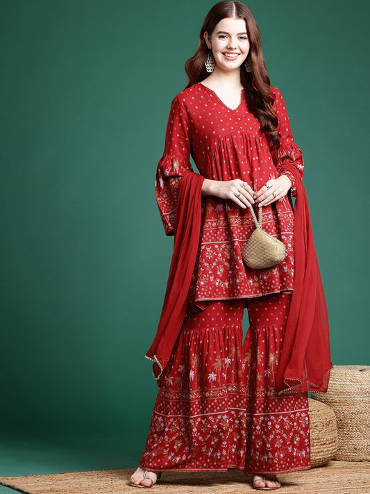 Women Floral Foil Printed Empire Kurta with Sharara & Dupatta