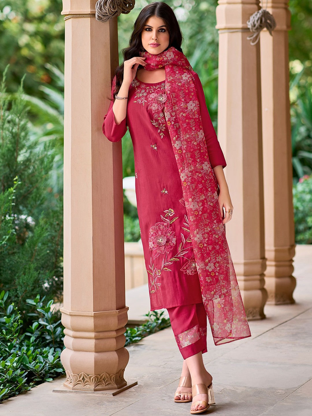 Floral Embroidered Straight Kurta with Trousers & Dupatta