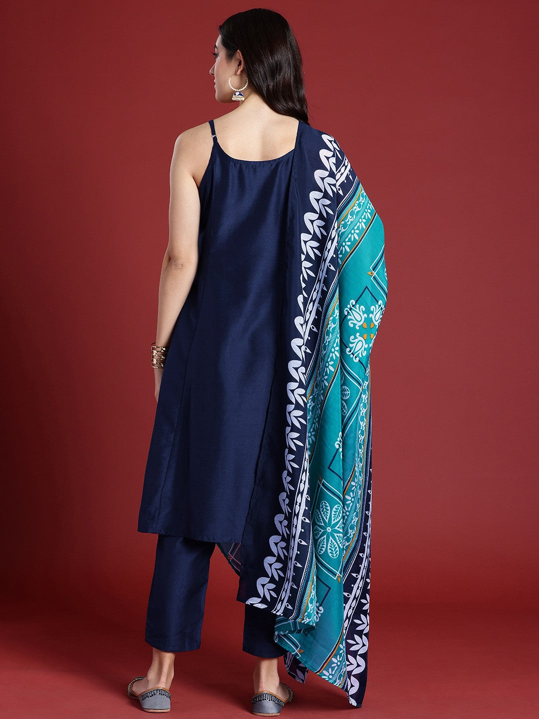 Women Thread Work A-Line Kurta with Trousers & Dupatta