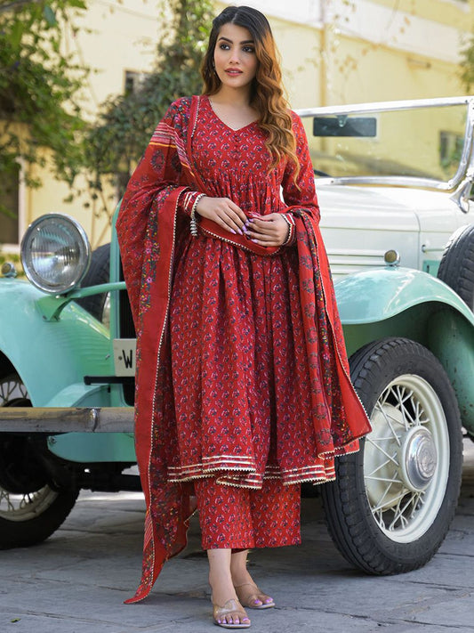 Women Red Pure Cotton Kurta Sets
