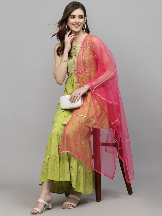 Round Neck Bandhani Embroidered Pleated A-Line Kurti With Sharara & Dupatta